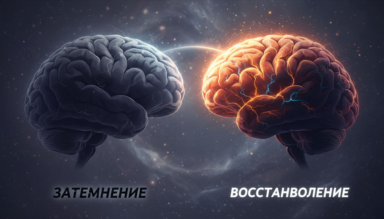 два полушария мозга, одно затемнённое и другое постепенно светлеющее, визуализация восстановления