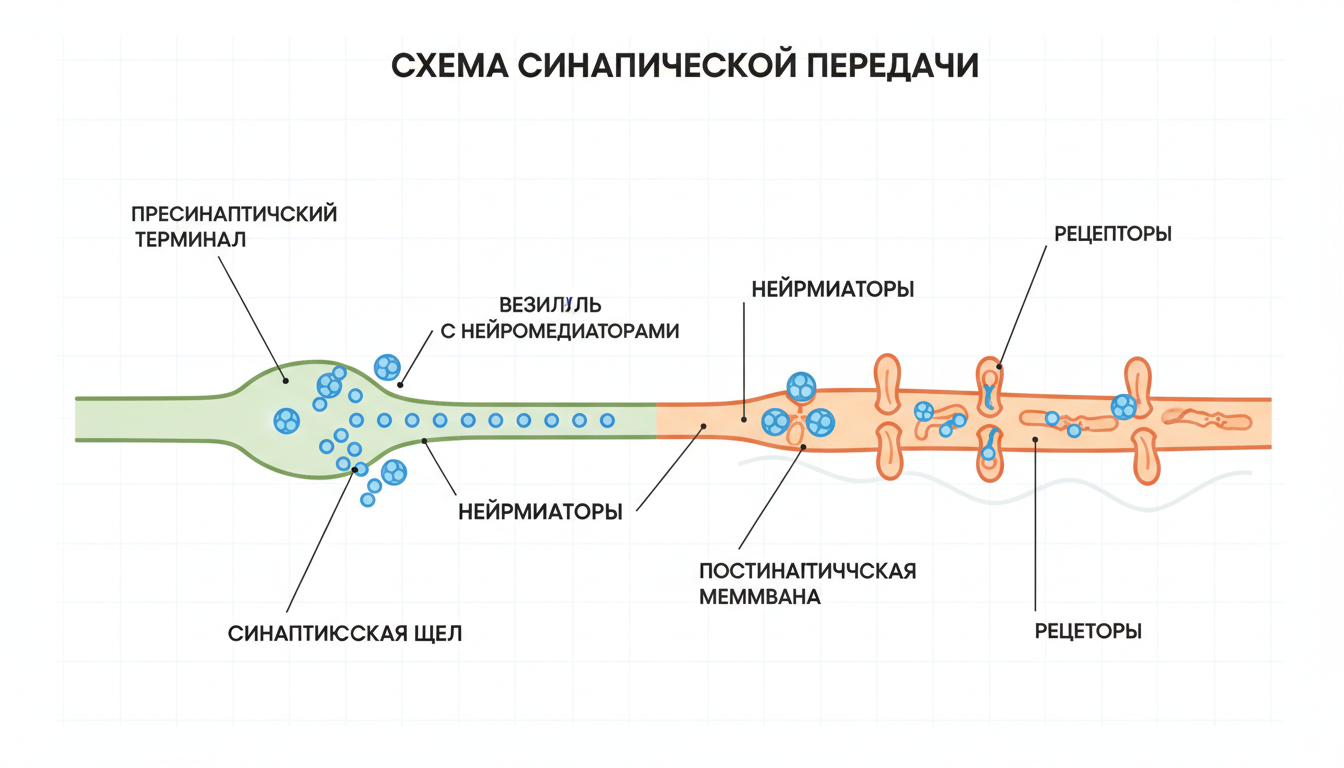 схематичное изображение синаптической щели нейрона, нейромедиаторы, рецепторные структуры, научная инфографика